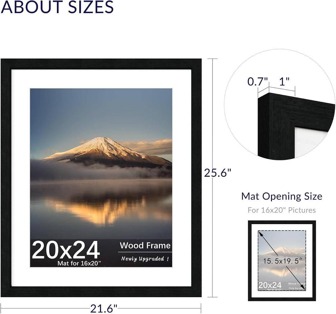 20X24 Poster Frame, Display Pictures 16X20 with Mat or 20X24 Without, Wall Hanging Frames, Black, 2 Pack