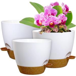 10/9/8 inch Medium Self Watering Pots, Planter, Plant Pots with Mesh Drainage Holes for Indoor Outdoor Garden Plants, Plastic Flower Pots with Removable Deep Reservoir, White with Brown