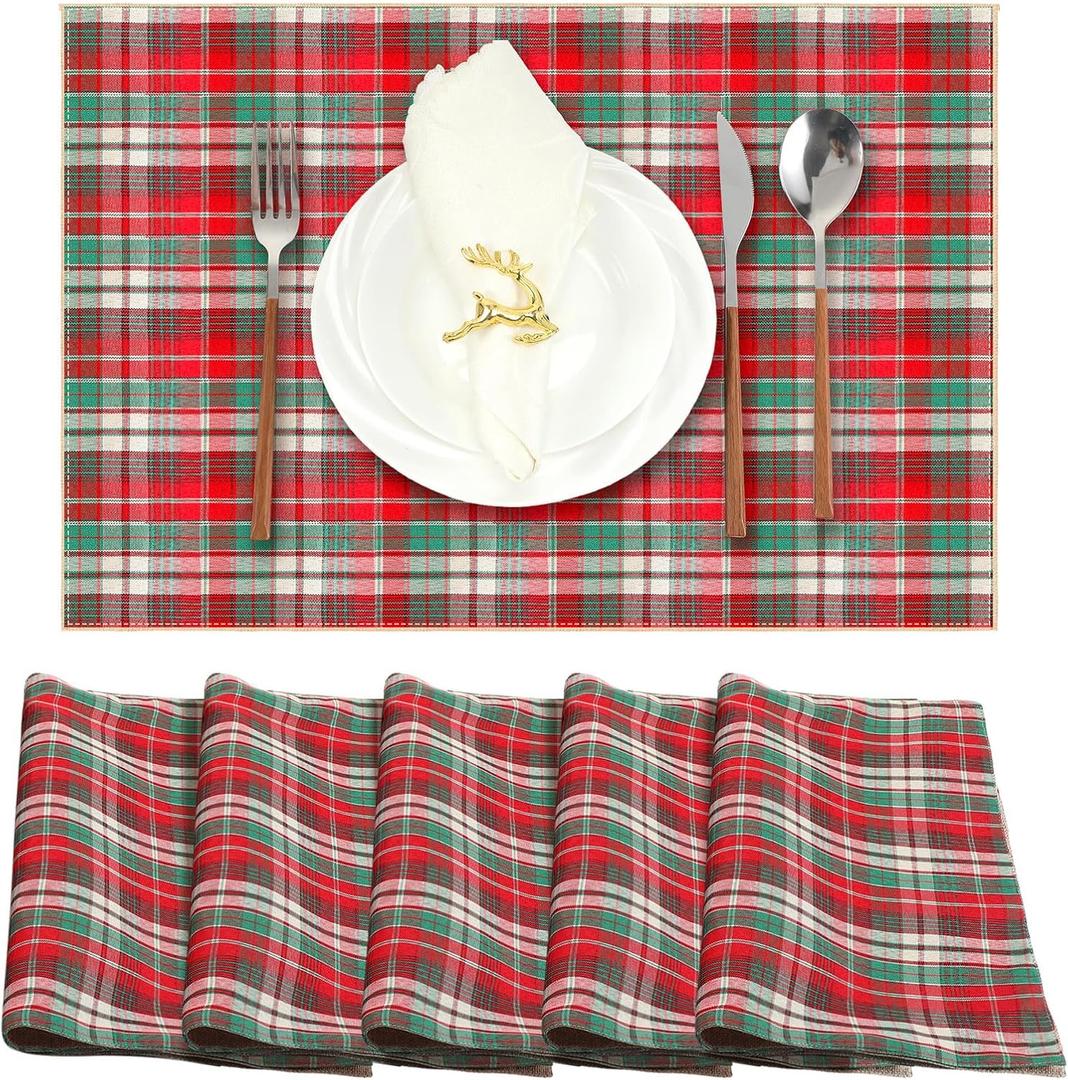 FoldTier Set of 6 Double-Layer Christmas Placemats Red and Green Buffalo Plaid 13x19 Inch Christmas Checkered Tartan Placemats Washable Holiday Table Mat Set for Dining Parties New Year Winter Table