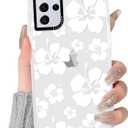 RUMDEY Clear Hibiscus Flower Case for Samsung Galaxy S21 Ultra 5G 6.8", Cute Preppy Floral Crystal Pattern Aesthetic Design Soft Anti-Yellow Protective Shockproof TPU Cover for Women Girls - White
