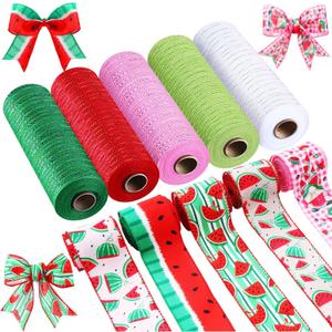 Woanger 10 Rolls Watermelon Stripe Wired Edge Ribbon and Mesh Ribbon for Summer DIY Gift Wrapping, Crafts, Home Wreath, Party Decor - 2.5inx7 Yard and 10inx10 Yard (Colorful)