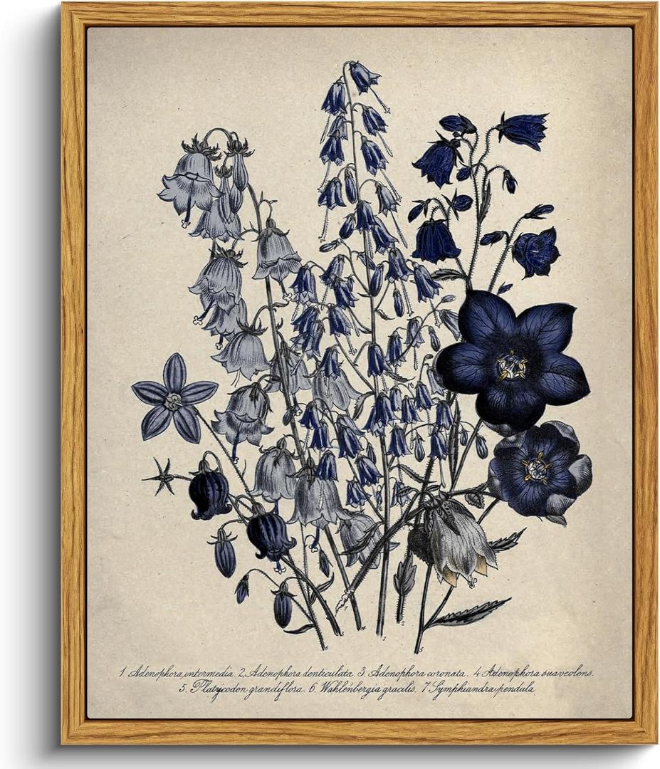 VIYYIEA Vintage Framed Botanical Wall Art Decor, Living Room Bedroom Blue Campanula Pictures Retro Wall Decor, Framed Canvas Prints Artwork, Farmhouse Flower Paintings, 8x10 Inch, Blue Antique Campanula