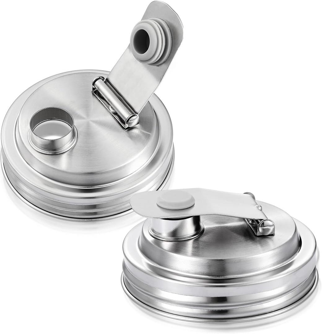 Baderke 2 Pcs Stainless Steel Mason Jar Pour Spout Lid for Wide Mouth Mason Jars, Rust Proof Leak Proof Seal Cover fit Home Tea, Milk, Juice Drinks Airtight Turns your Container into Pitcher (3.54 Inch)