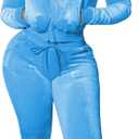 yidengymx Womens 2 Piece Velour Hoodie Jogger Tracksuit Two Outfits for Women,Long Sleeve Full-Zip Up Velvet Crop Tops Jacket Flared Pants Fall Lounge Matching Sets Sportswear Sweatsuit Pockets (Blue, 3L)