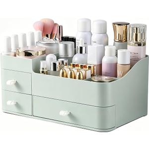 Makeup Organizer with Drawers, Bathroom Counter Organizer, Plastic Cosmetic Display Case, Large Skincare Storage for Vanity Countertop, Ideal for Bedroom Dresser top and Desktop (Fresh Green)