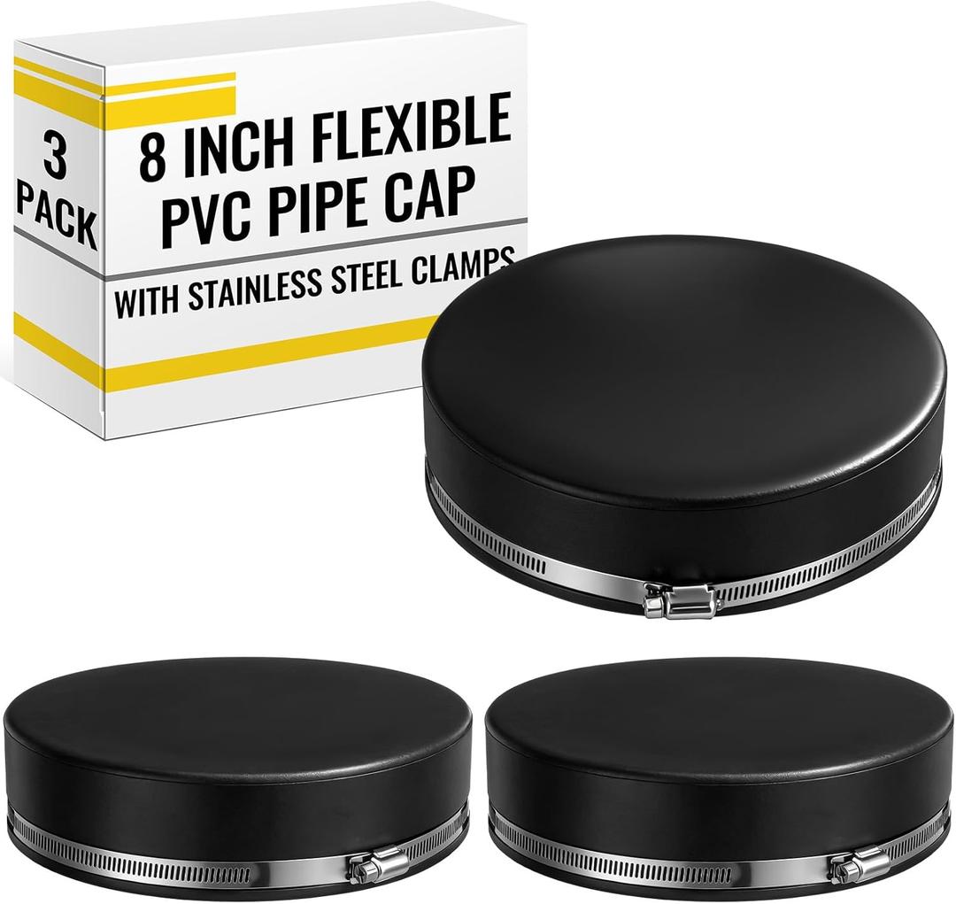 3 Pack 8 Inch Flexible PVC Pipe Cap with Stainless Steel Clamps - Black Durable End Caps for Drainage, Wastewater & Vent Pipes, Above/below Ground Use