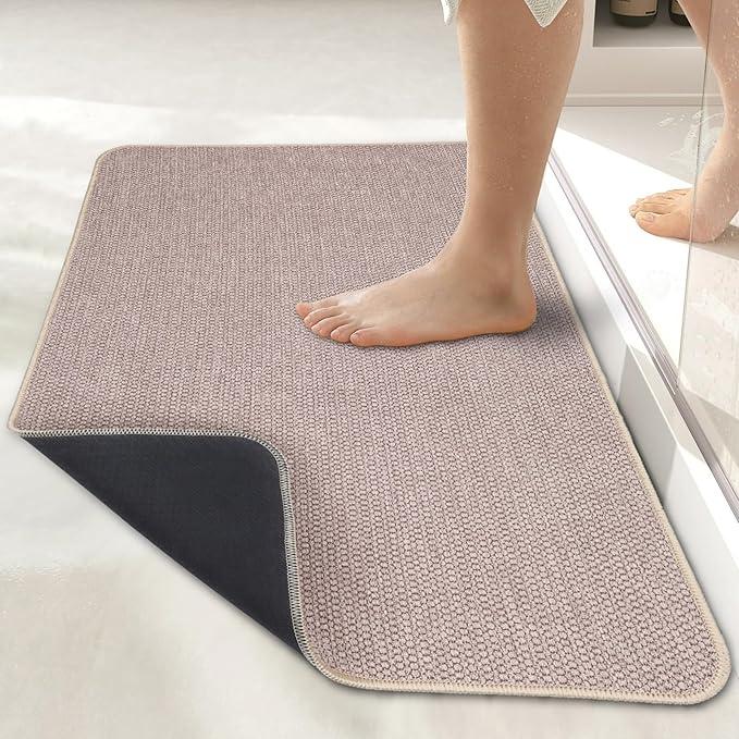 Bath Mat,Ultra Thin Bathroom Rugs,Rubber Bath Mats for Bathroom,No Slip Bath Rugs,Quick Dry,Machine Washable,Low Pile,Absorbent,Shower Outside,Sink,Home Decor Accessories.Black,1'8"x2'8"(20x32inch), Color: Beige