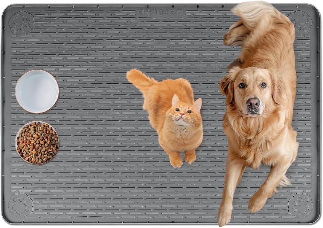 Cat Food Mat, 40" x 28" Extra Large Silicone Pet Feeding Mat with Raised Edge Pet Placemat for Food and Water Bowl Non-Slip, Easy to Clean, Floor Protection (Dark Grey)