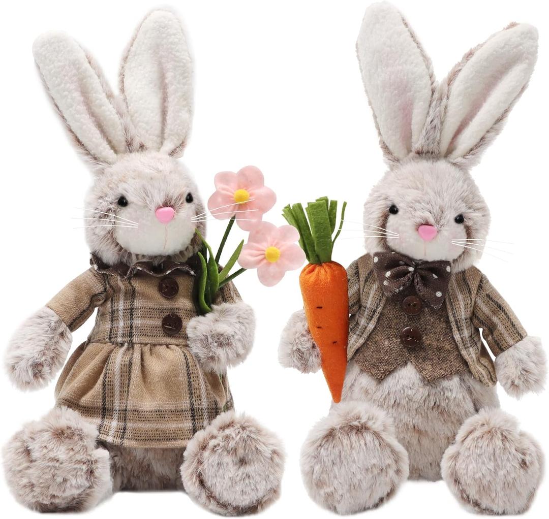 Juegoal 2 Pack Easter Bunny, 12.6" Handmade Huggable Rabbits Couple, Easter Basket Rabbits, Cute Bunny Party Favor Figurine, Spring Tabletop Holiday Room Decorations