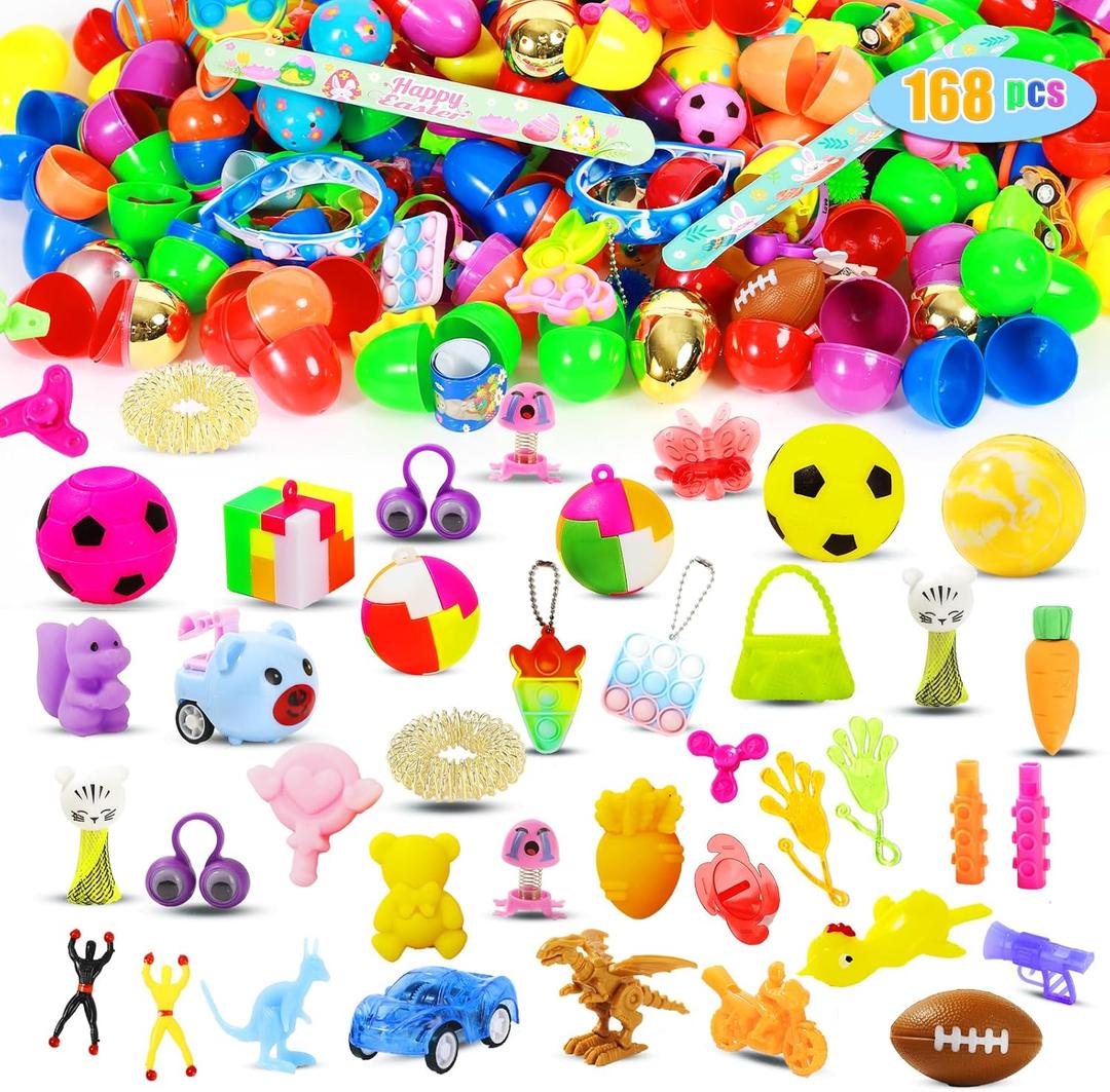 168 Pcs Prefilled Easter Eggs with Toys Inside,Easter Basket Stuffers Gifts in Surprise Eggs,Easter Toys Bulk,Prizes Classroom Events,Eggs Fillers,Easte Party Favors