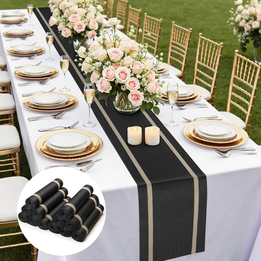 FAVE 12 Pack Woven Vinyl Table Runners 120x12 Inch Black with Gold Threads,