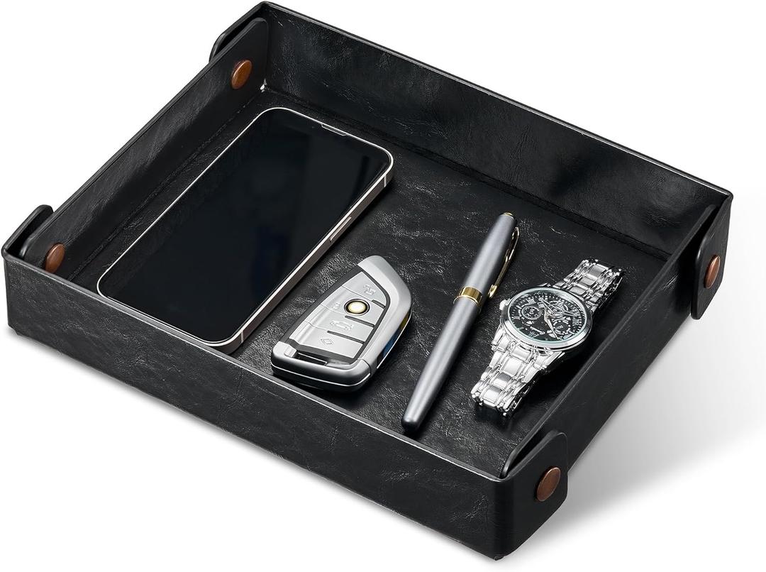 Catch All Valet Tray - EDC Organizer for Key, Wallet, Watch, Jewelry, Phone, coin change | Faux Leather Storage Tray for Dresser, Nightstand, Desk, Entryway, Travel Storage | Black