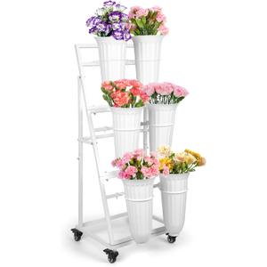 Flower Display Stand With 6 Buckets, Flower Bar with Wheels, Flower Cart Display Stand for Florist Garden Wedding Home Decor (White)