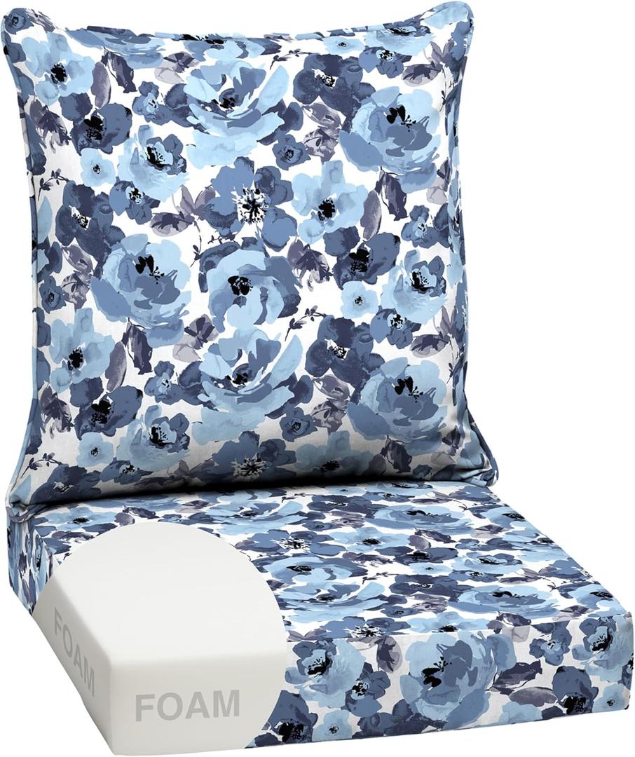 Arden Outdoor Foam Deep Seat Cushion Set, 24 in x 24 in, Weather-Proof, Rain-Proof, Fade Resistant Patio Cushion, Bottom and Back Cushion for Chair, Sofa, and Couch Blue Garden Floral (1 Pack)