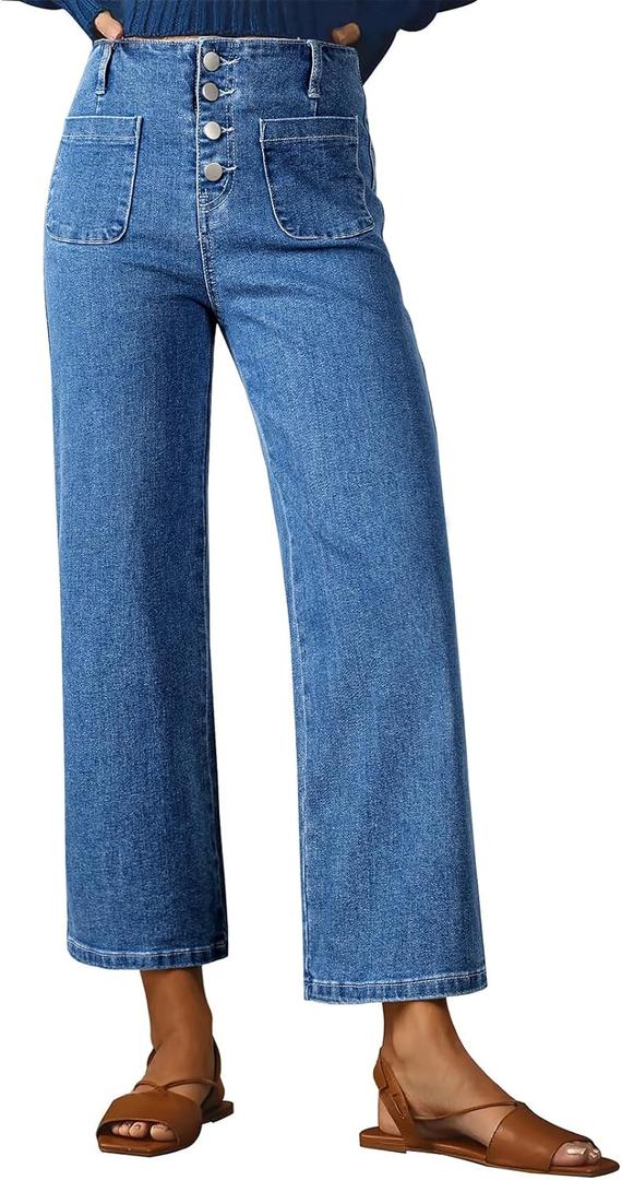 Sidefeel Women's Wide Leg Jeans High Waisted Zimbaplatinum Stretchy Straight Leg Jeans Buttoned Loose Denim Pants with Pocket (6, Royal Blue)