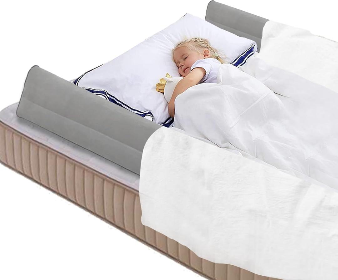 Inflatable Bed Rails for Kids & Toddlers (2-Pack)  Portable Leak-Proof Safety Bumpers with Non-Slip Design for 6y+ Children | Travel & Home Bed Guard for King, Queen, Full Beds, Grey