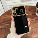 NITITOP Compatible with Samsung Galaxy S23 Plus Case with Kickstand Strap Cute Luxury with Love Heart Plating Pattern Wave Frame Women Girls Men Raised Camera Shockproof Protection Cover-Black