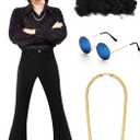 Eurzom Disco Costume Set Including Men's Disco Shiny Shirt Pant Funky Afro Wig Necklace Sunglasses for 60/70/80/90s Party (X-Large)