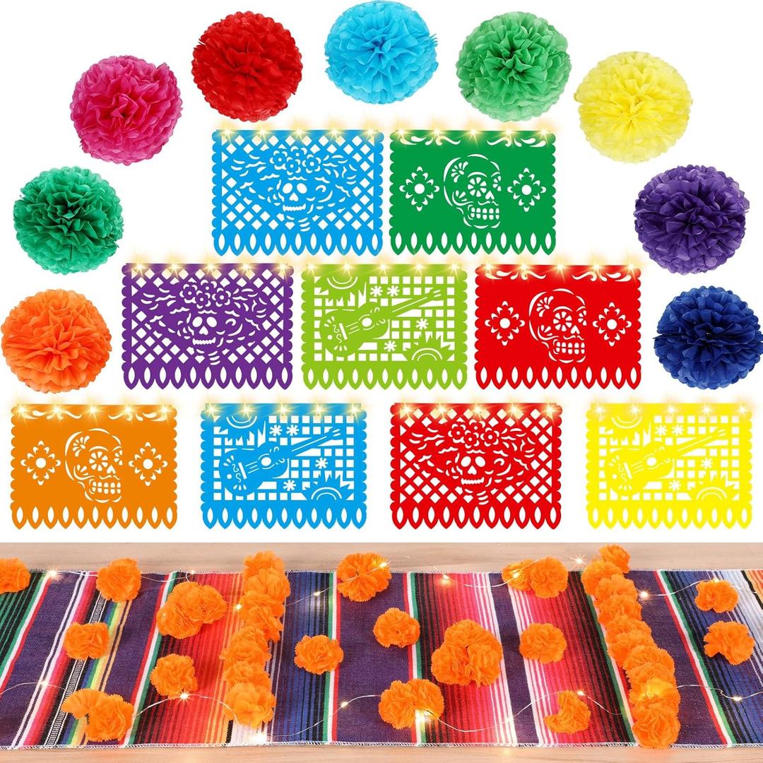 80 Pcs Dia De Los Muertos Decoration Mexican Themed Party Decoration Mexican Table Runner Banner Marigold Flower for Ofrenda Altar Day of Dead Cinco de Mayo Decoration (Multicolor)