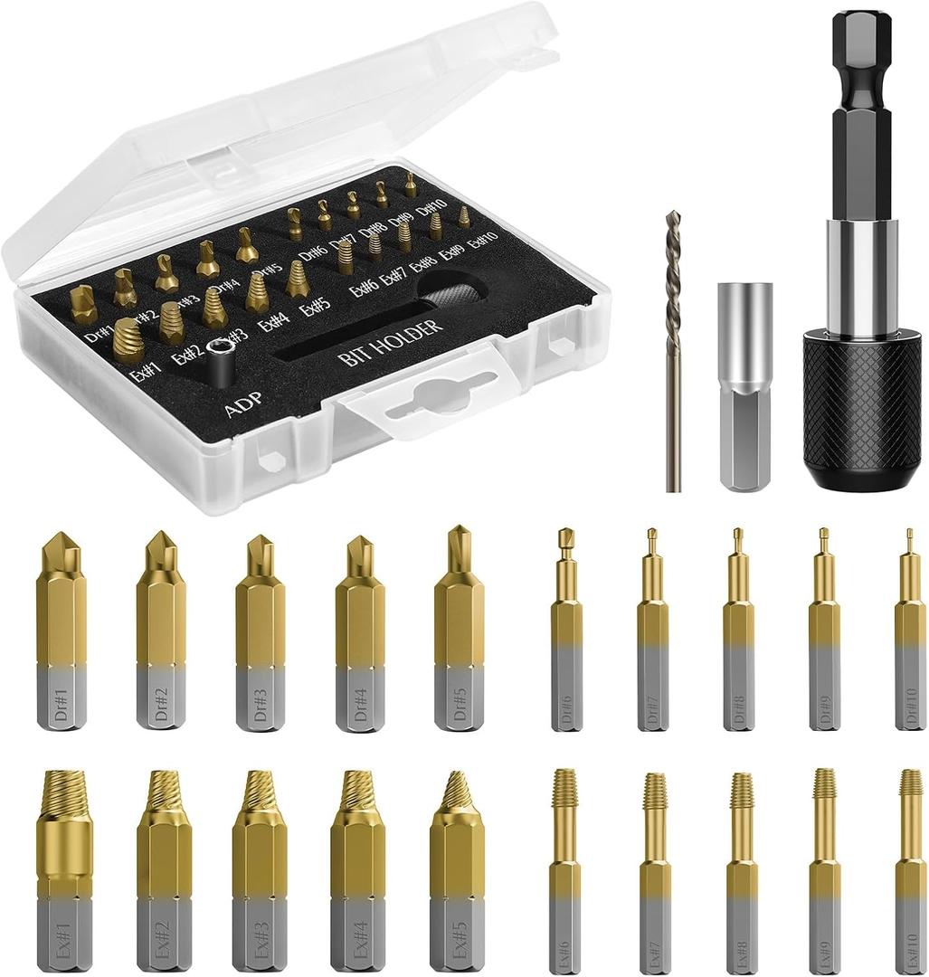 Nuovoware Damaged Screw Extractor Set, 22 PCS Easy Out Stripped Screw Extractor Kit, All-purpose HSS Broken Screw Remover Set with Magnetic Extension Bit Holder & Socket Adapter, Gold
