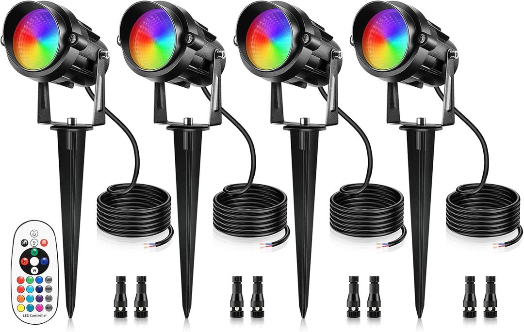 12W RGBW Color Changing Landscape Lights - Low Voltage LED Landscape Lighting, Remote Control Spotlight Outdoor Waterproof Garden Pathway Halloween Christmas Spot Lights, 4 Pack with Connector