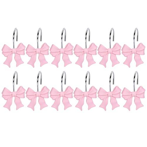 Whaline 12Pcs Pink Bow Shower Curtain Hooks Cute Coquette Bow Curtain Rings Decorative Resin Curtain Hanger Hooks for Living Room Bedroom Bathroom Decor