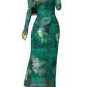 MEROKEETY Women's Spring Wedding Guest Dress 2026 Long Sleeve Bodycon Floral Mesh Fall Cocktail Holiday Party Maxi Dresses, Green, L