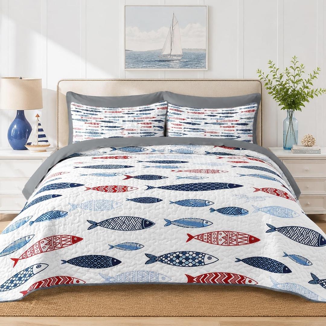 Pamnest King Quilt Set, 7 Pieces Fish Nautical Bedding, Bedspread