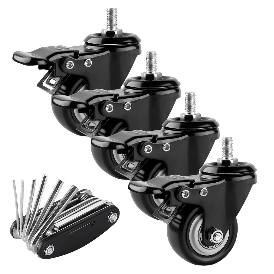 4Pcs 1.5 Inch Heavy Duty Caster Wheels, Swivel Casters with Brakes and M8 Threaded Stem, 110 Lbs Capacity Black Rubber Replacement Wheels for Furniture & Carts