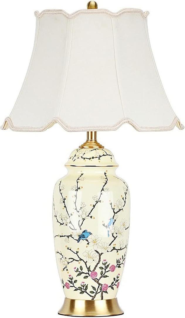 Flower Bird Ceramic Table Lamp, Rustic Vintage White 26.7" Tall Coastal Bedside lamp, Ceramic Lamp Body with Fabric Tapered Drum Shade for Living Room Bedroom House Bedside Nightstand Home