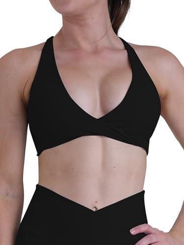 Sunvalix V Neck Strappy Sports Bras for Women Crisscross Open Back Workout Tank Top Wireless Gym Pilates Yoga Longline Bra