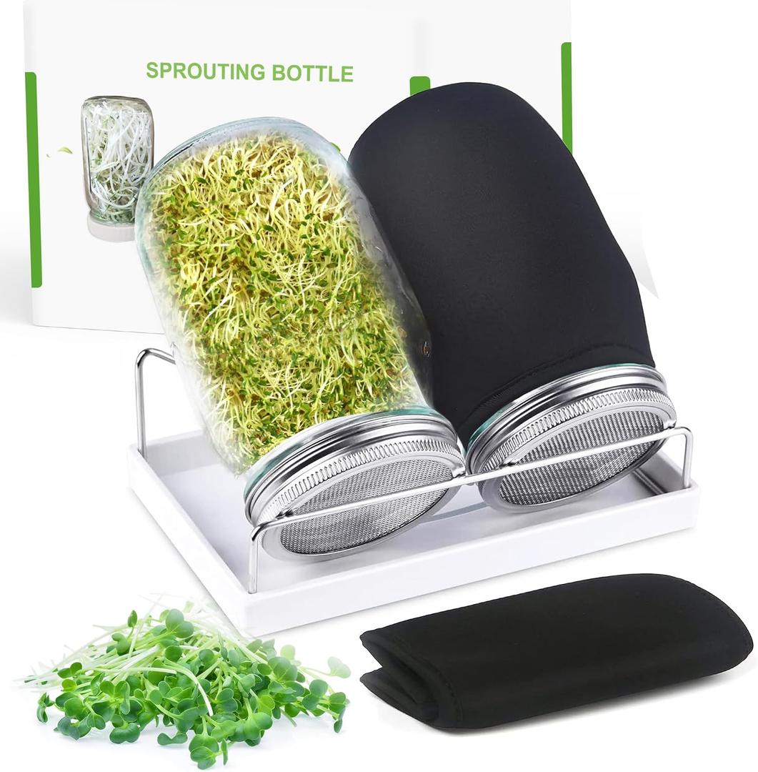 Organic Seed Sprouting Jar Kit 2 32 oz Wide-Mouth Mason Jars with Stainless-Steel Sprouter Lids & Stand, Blackout Sleeves, Drain Tray Grow Broccoli, Alfalfa & Bean Microgreens
