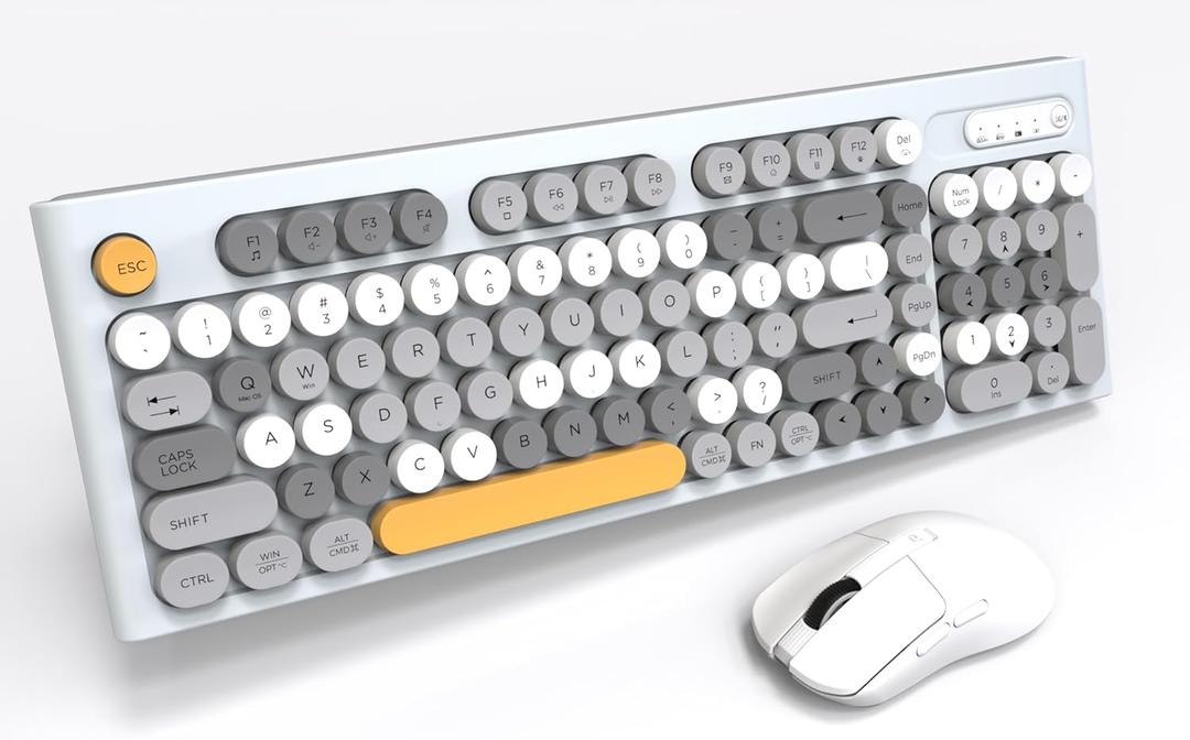 Wireless Keyboard Mouse Combo, Full Size Colorful Round Keycaps Bluetooth Keyboard with Numeric Keypad, Silent 2.4GHz Mouse, Typewriter Computer Keyboard and Mouse Set for Laptop, PC, Windows (Gray)