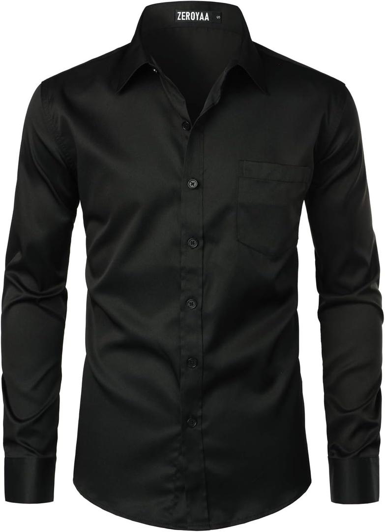 ZEROYAA Men's Urban Stylish Casual Business Slim Fit Long Sleeve Button Up Dress Shirt with Pocket (Black, M)