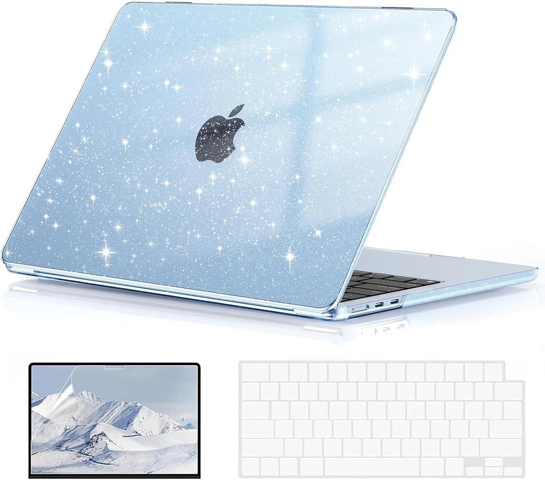 EooCoo Case Compatible with MacBook Air 15 inch M5 2026 2025-2023 Release M4 M3 M2 Model A3448 A3241 A3114 A2941, Plastic Hard Shell Case & Keyboard Cover & Screen Protector, Sparkly SkyBlue