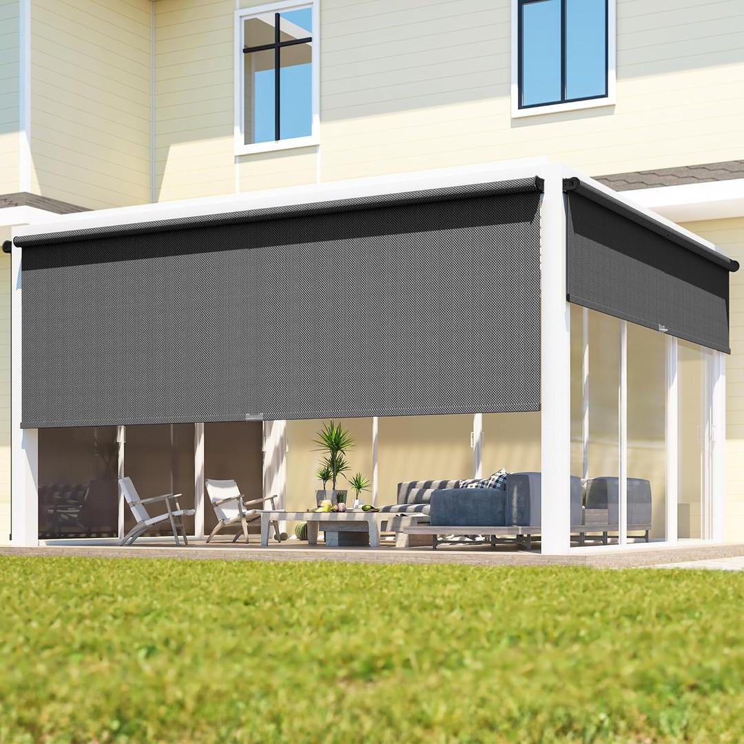 Outdoor Roller Shades for Patio with New Operation Mode(No Need Crank), (10'W X 8'H) 420GSM New Material Patio Blinds with 95% UV Protection, Outdoor Blinds for Shading, Privacy Protection, Black
