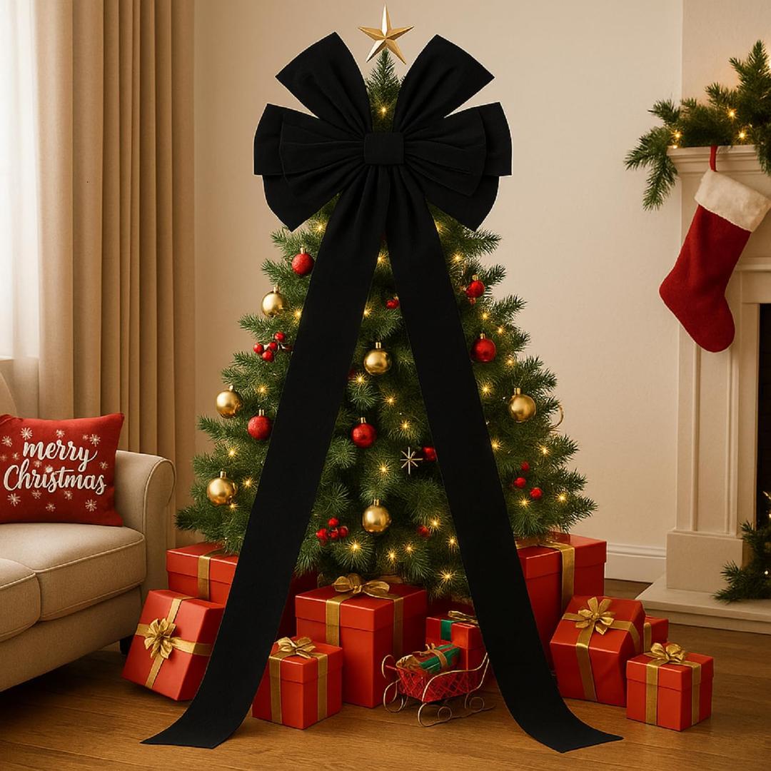 Hungdao Extra Large Christmas Tree Topper Bows 70.9 x 19.7 Inch Giant Oversized Huge Christmas Velvet Decorative Bows with Long Streamers for Tree Front Door Patio Outdoor Decor(Classic,Black)