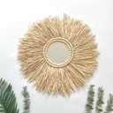 Boho Wall Mirror Decor - Raffia Straw Mirror Decor Round Handmade Wall Art for Children Room Decor Living Rooms Bedrooms Display Table Settings Home Kitchen 18in (Mirror)