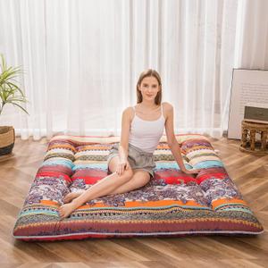 MAXYOYO Bohemian Retro Floor Mattress Vintage Floral Japanese Futon Mattress Roll Up Thicken Sleeping Bed Portable Camping Mattress Floor Lounger Couch Bed Mattress Pad, King Size