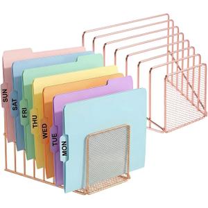 2 Pcs Incline File Sorter, 7 Slot Magazine Holder for Letter, Document, Folder and Book, Metal Desktop Organizer Rack for Home, School and Office (2-rose gold)