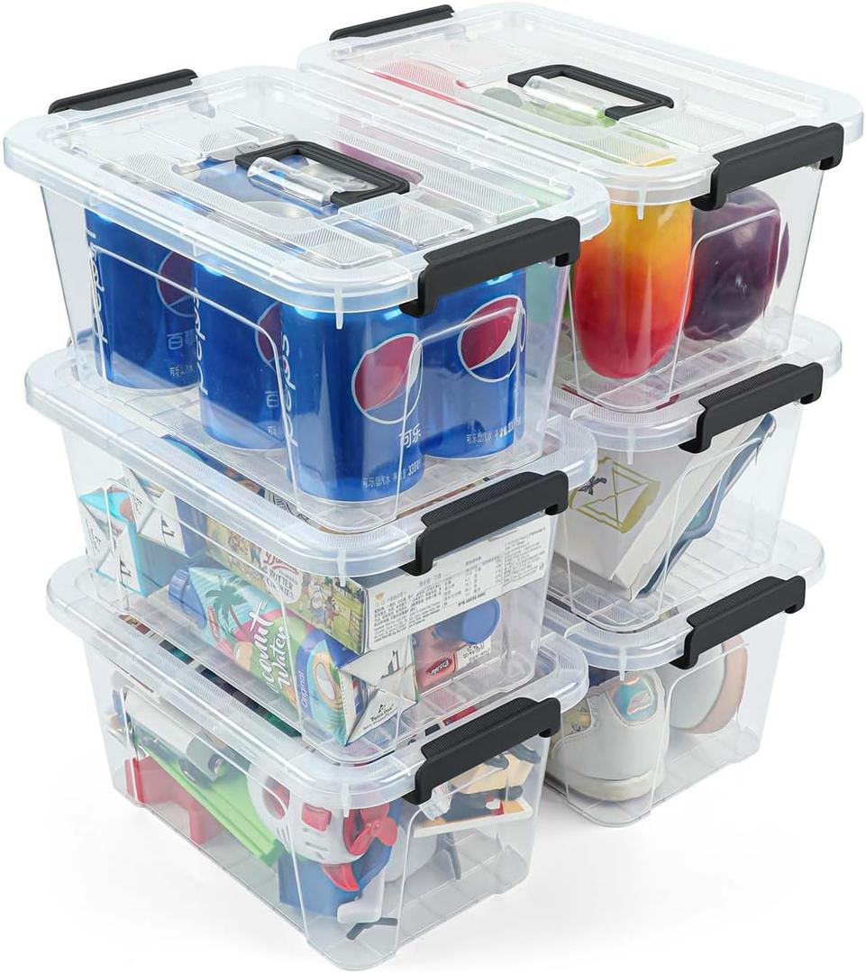 NUMIFUN Plastic Storage Bins with Lids 6 Pack Storage Organizer, 7 Quart Stackable Storage Bins with Buckle-Up Latches and Handle Storage totes easy for Home Office Pantry Organization, Clear Lids