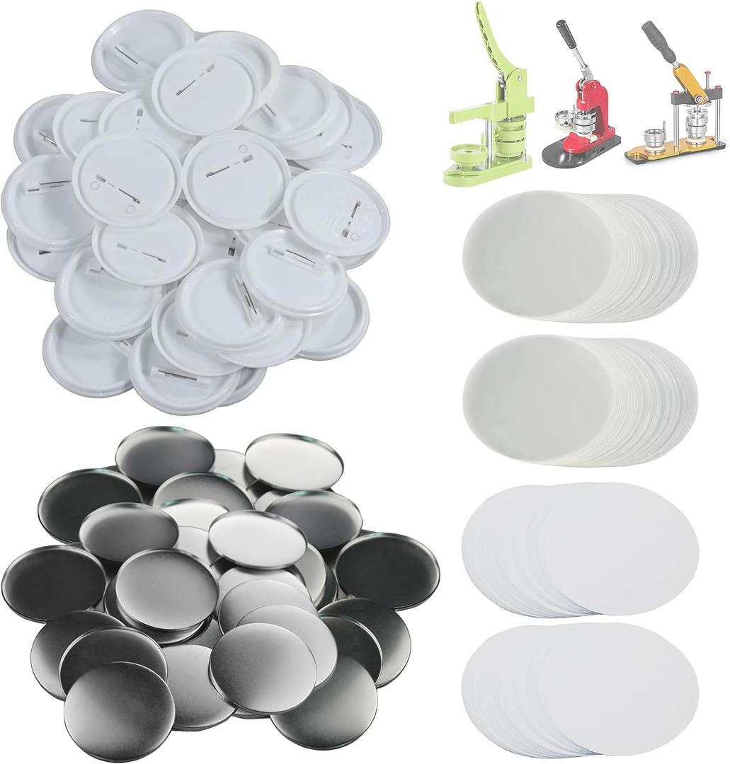 Happizza 200 Sets 58mm(2.25 in) Blank Pin Back Buttons Parts for Button Maker Machine 58mm, Round Badge Making Supplies, Includes Metal Cover, Plastic Button Back Cover, Clear Film&Blank Paper