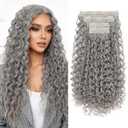 Flufymooz Clip in Hair Extensions, 4PC 100 Pure Protein Silk Hair Extensions Long Soft Natural Hairpiece 20 Inch Curly Hair Extension for Women-Grey
