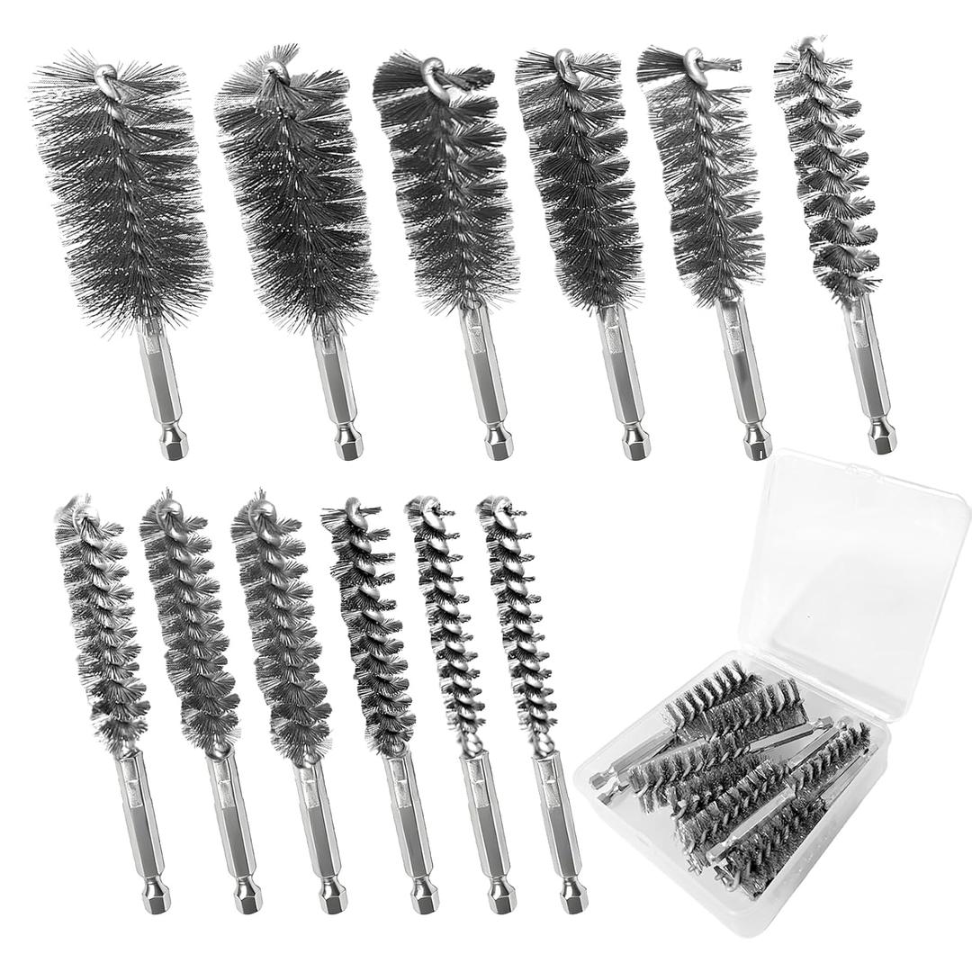 12Pcs Stainless Steel Bore Brush Set with 1/4" Hex Shank 8-30mm Wire Brush for Power Drill for Rust and Tube Cleaning