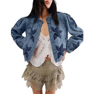 TUREAU Womens Floral Quilted Jackets Lightweight Cropped Button Down Padded Puffer Jacket Winter Warm Coats Medium