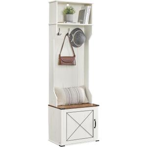 VASAGLE Hall Tree with Bench and Shoe Storage, Coat Rack with Shoe Bench, Entryway Furniture, 3 Tri-Hooks, Door with Handle, Farmhouse Style, Space Saving, Rustic White and Honey Brown UHSR441W01V1