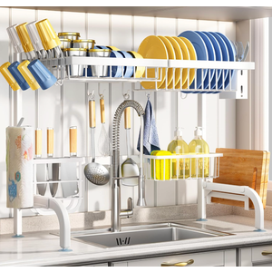 Over The Sink Dish Drying Rack, Adjustable (25.5 to 36.5 inch) 2 Tier Metal Steel Dish Drying Racks for Kitchen Counter with Hooks Paper Towel Utensil Cup Holder Sink Caddy (White)