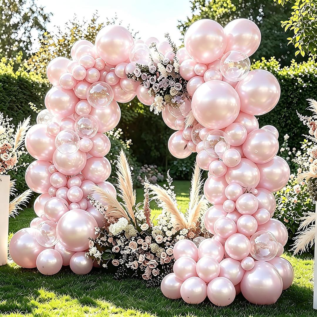Pearl Pink Balloons With Pearl Stickers, 98PCS Pearl Peach Double Stuffed Balloons Garland Arch Kit, 18/12/10/5 inch Different Size Balloons for Wedding Bridal Baby Shower Engagement Decorations