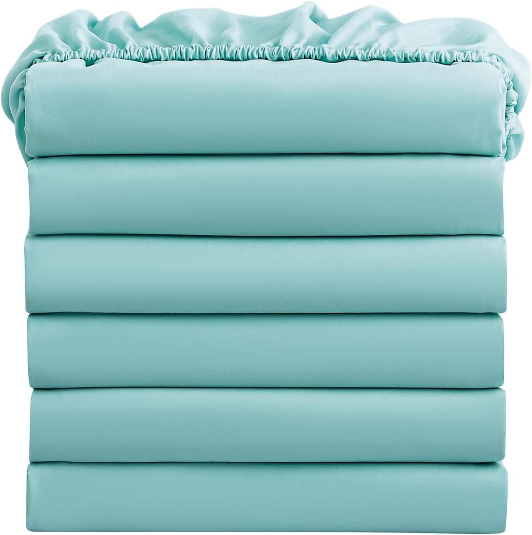 FreshCulture Queen Fitted Sheets, Bulk Pack of 6, Deep Pocket, Soft Microfiber Bottom Sheets for Home, Salons, Hotels, Queen Size Fitted Sheets Only (Spa Blue)