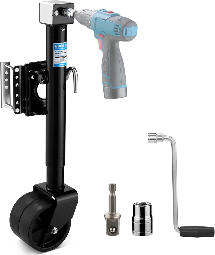 Kohree 2000 lbs Trailer Jack with Dual Wheel, 20-24V Cordless Drill Compatible, Heavy Duty Bolt on Trailer Tongue Jack for RV, Boat, Black, 12" Lift
